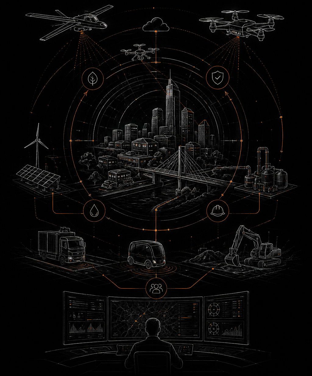 Autonomous transition: a coordinated fleet of aerial, ground and industrial systems commanded from a single console